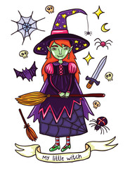 Cute Little Witch Helloween Illustration