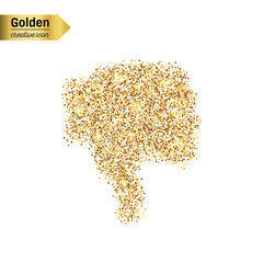 Gold glitter vector icon of thumbs down isolated on background. Art creative concept illustration for web, glow light confetti, bright sequins, sparkle tinsel, abstract bling, shimmer dust, foil.