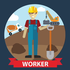 Construction worker holding a shovel, cartoon happy character 