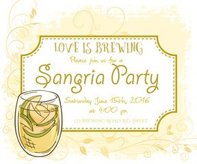 vector hand drawn sangria party invitation card, vintage frame, glass and leaves