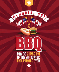 Memorial Day BBQ background with hot dog and hamburger. EPS 10 vector. - obrazy, fototapety, plakaty