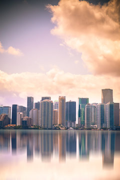 Miami skyline at dusk sunset with reflections