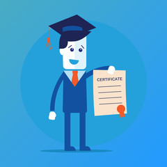 Manager or student. A man in a suit hold a certificate on completion of education