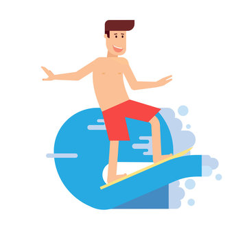 Happy Man Surfing on Wave in Flat