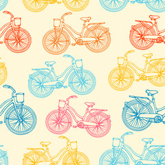 Seamless pattern with outline vintage bicycles