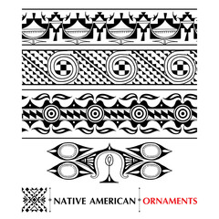 Vector collection with Native American seamless pattern isolated on white background. Ethnic ornaments and borders. Set of ancient American decor. Tribal elements in contour style for native design. 