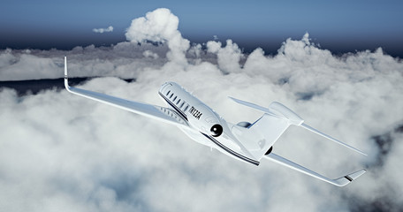 Fototapeta premium Photo of White Luxury generic design private jet flying over the earth. Empty blue sky with white clouds at background. Business Travel Concept. Horizontal. 3d rendering
