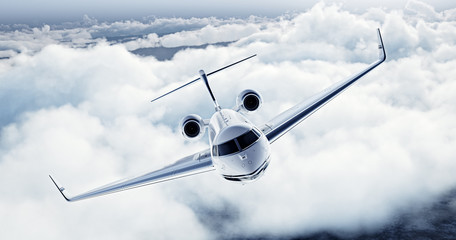 Fototapety  Realistyczny obraz białego luksusowego ogólnego projektu prywatnego samolotu lecącego nad ziemią. Puste błękitne niebo z białymi chmurami w tle. Koncepcja podróży służbowych. Poziomy. renderowanie 3d
