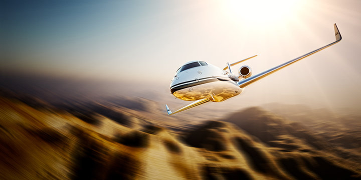 Photo of white Business generic design Private jet flying in blue sky at sunset.Uninhabited desert mountains background.Luxury travel picture. Horizontal,motion blurred effect. 3d rendering