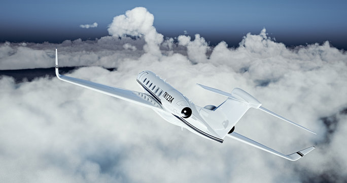 Photo of White Luxury generic design private jet flying over the earth. Empty blue sky with white clouds at background. Business Travel Concept. Horizontal. 3d rendering