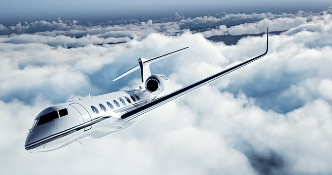 Realistic picture of White Luxury generic design private jet flying over the earth. Empty blue sky with white clouds at background. Business Travel Concept. Horizontal. 3d rendering