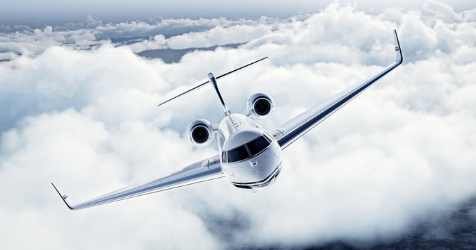 Realistic image of White Luxury generic design private airplane flying over the earth. Empty blue sky with white clouds at background. Business Travel Concept. Horizontal. 3d rendering