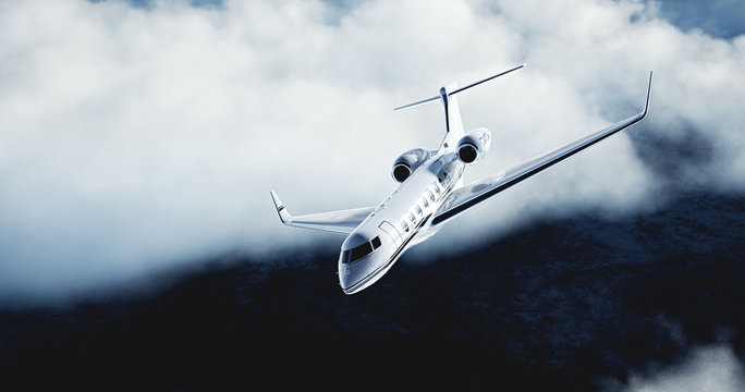 Realistic picture of White Luxury generic design private airplane flying over the earth. Abstract white clouds at background. Business Travel Concept. Horizontal. 3d rendering