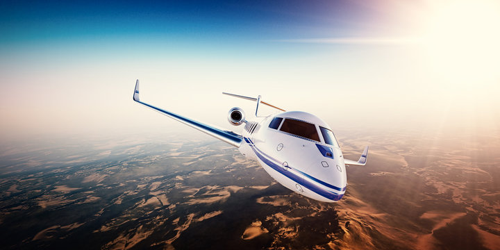 Realistic photo of white generic design private Jet flying over the mountains. Empty blue sky with sun at background.Business Travel by modern Luxury Plane.Horizontal.Closeup picture. 3d rendering