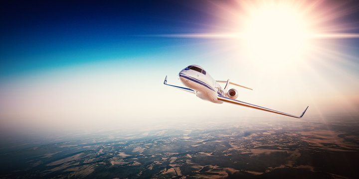 Realistic photo of white generic design private Jet flying over the mountains. Empty blue sky with sun at background.Business Travel by modern Luxury Plane.Horizontal.Closeup photo. 3d rendering
