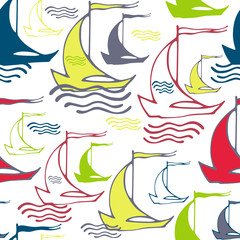 Naklejka premium Seamless pattern with sailing ships on waves