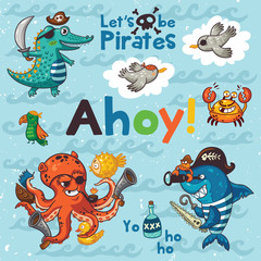 Ahoy. Pirate illustration with crocodile, octopus, shark