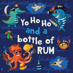 Yo ho ho. Pirate illustration with crocodile, octopus, shark