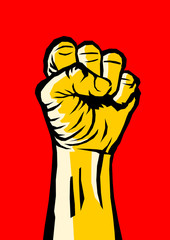 Raised clenched fist - symbol of revolution and uprising against oppression and injustice. Yellow vector illustration in comics style on red background