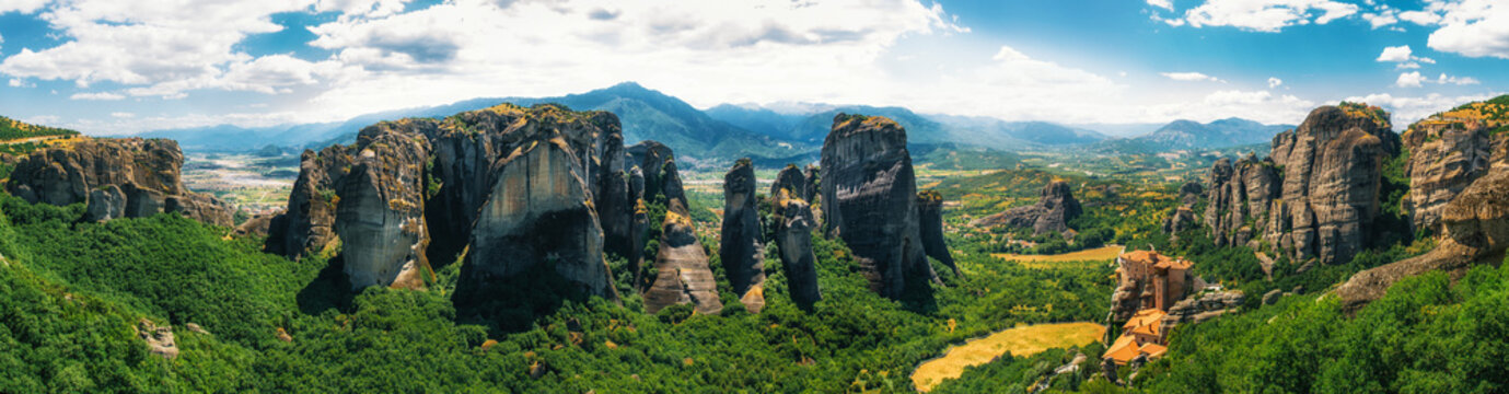 Panoramic view of Meteora monasteries in Trikala, Greece