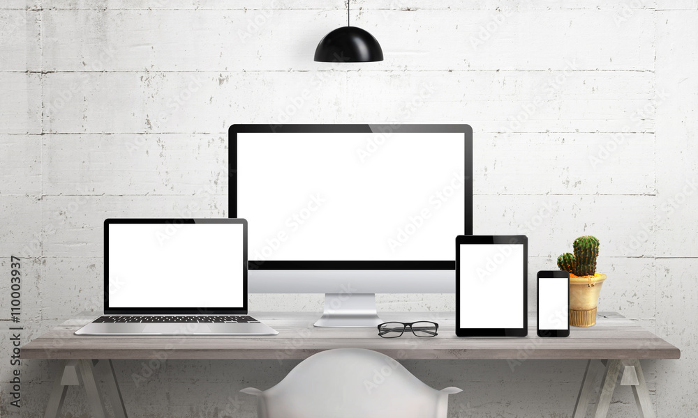 Poster Responsive devices on desk with isolated screen for mockup. Computer display, laptop, tablet and smart phone. 