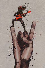 Fototapeta premium big hand in rock n roll sign with guitarist,illustration painting