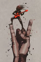 Photo sur Plexiglas Grand échec grosse main dans le signe du rock n roll avec le guitariste, peinture d& 39 illustration