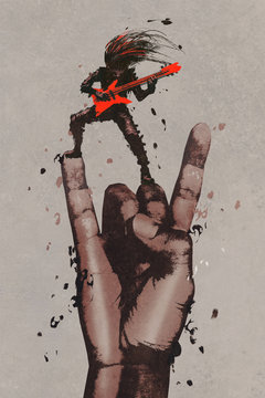 Fototapeta big hand in rock n roll sign with guitarist,illustration painting