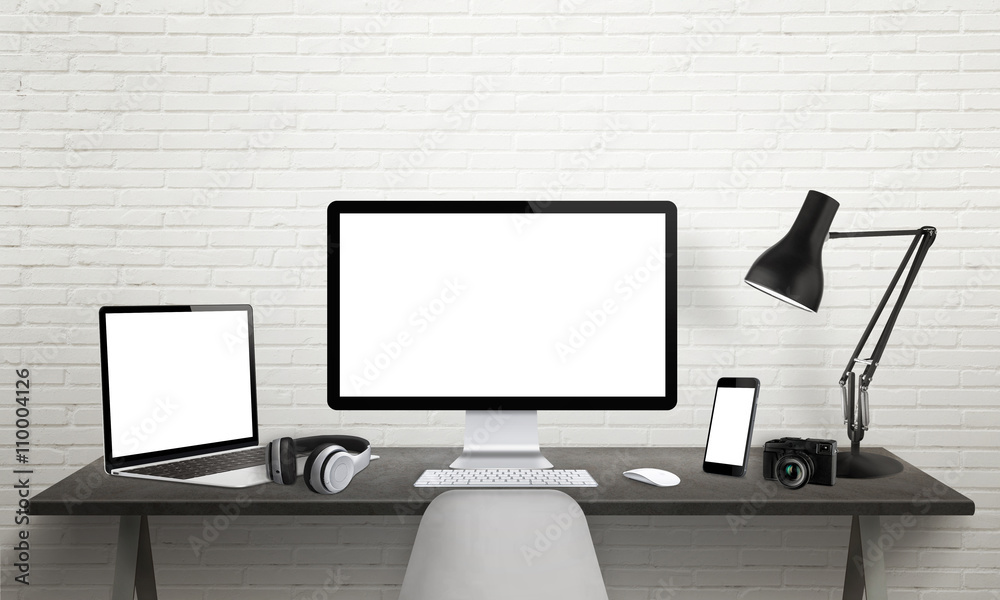 Poster Responsive devices on desk with isolated screen for mockup. Computer display, laptop, tablet and smart phone. 