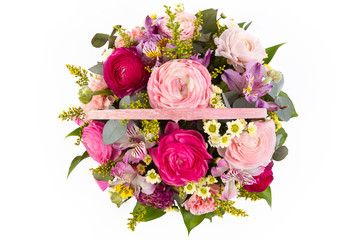 bouquet of beautiful colorful flowers on isolated background, top view