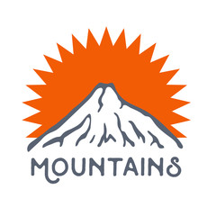Mountains logo with sun's rays , vector icon illustration