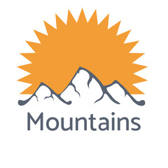 Mountains logo with sun's rays , vector icon illustration