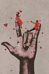 Tuinposter big hand in I LOVE YOU sign with romantic couple in love,illustration painting © grandfailure