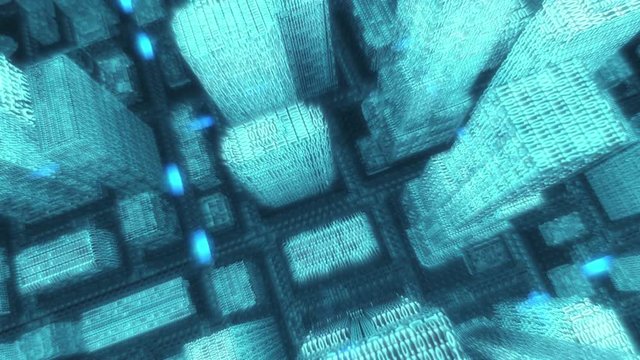 Seamless looping animation of a digital city with binary code top shot