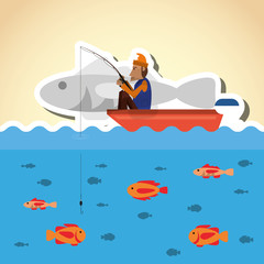 Fisherman on boat design. camp concept. sport illustration