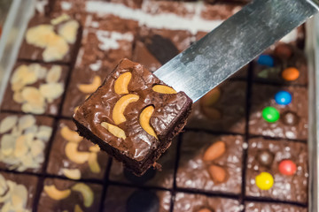 Chocolate brownie with cashew nut on spatula