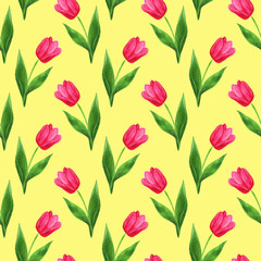 watercolor seamless tulips pattern yellow background