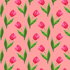 watercolor seamless tulips pattern pink background