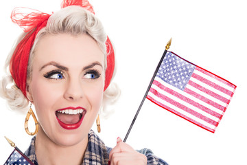 Excited retro woman celebrates 4th July, isolated on white