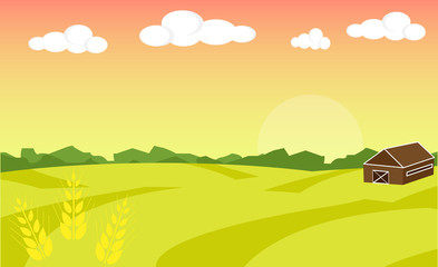 Obraz premium Farm landscape. Farm landscape illustration. Field wheat background. Farm sunrise background. Vector illustration