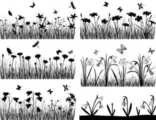 Collection of silhouettes of flowers and grasses