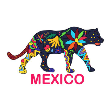 Isolated vector image of Mexican animal. Jaguar traditional Mexican animal with colorful flowers. Vector.