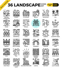 Nature landscape pixel perfect outline icons