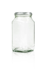 Clear glass bottle with silver cap isolated on white background
