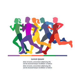 Running people. Colorful hand drawn vector illustration of running silhouettes. Men and women. 