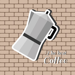 A jug of coffee, with the best coffee inscription, in outlines, over a brown background with bricks, digital vector image