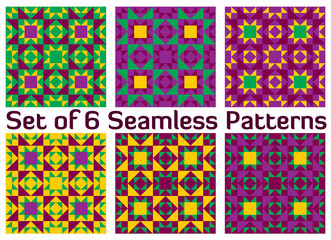 Set of 6 modern geometric seamless patterns with triangles and squares of green, purple, violet and yellow shades