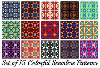 Set of 15 stylish geometric seamless patterns with triangles and squares of different colors