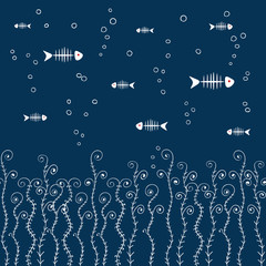 Horizontal seamless pattern with fish bones and abstract seaweeds. Vector doodle background. 