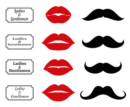 Ladies and gentlemen bathroom symbols. Vector lips and moustache icons. Lip and moustache fashion, vintage silhouette lip and moustach, hipster lip and moustach illustration